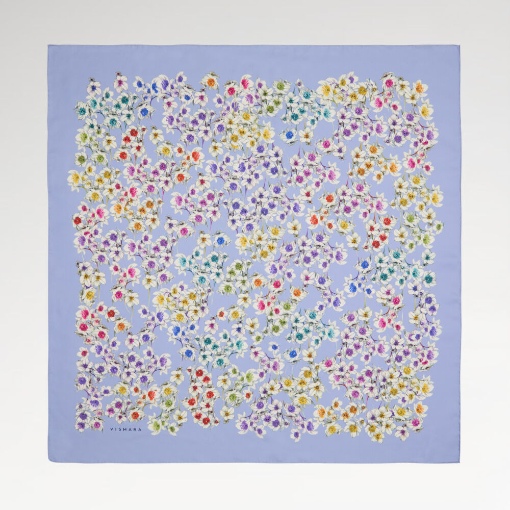 Blue Watercolor Floral Pattern Twill Silk Square Scarf