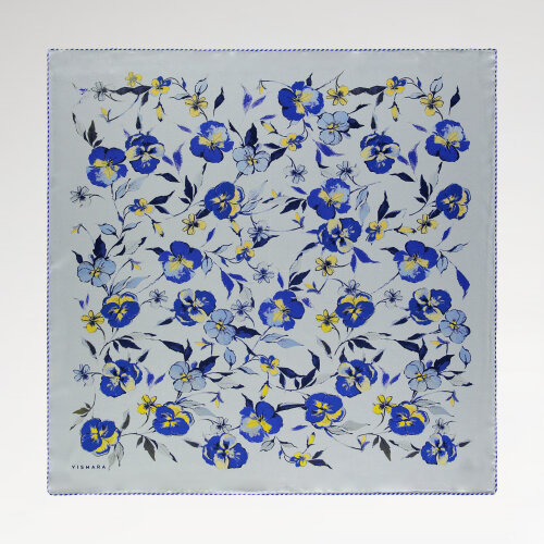Blue Wildflower Patterned Silk Square Scarf