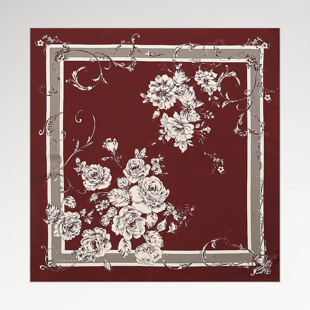 Bordo Barok Gül Desenli Twill İpek Eşarp - 1