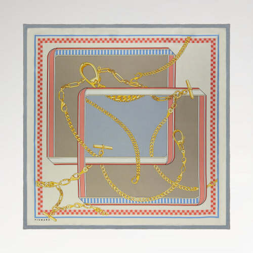 Brown Blue Chain Dance Patterned Silk Square Scarf