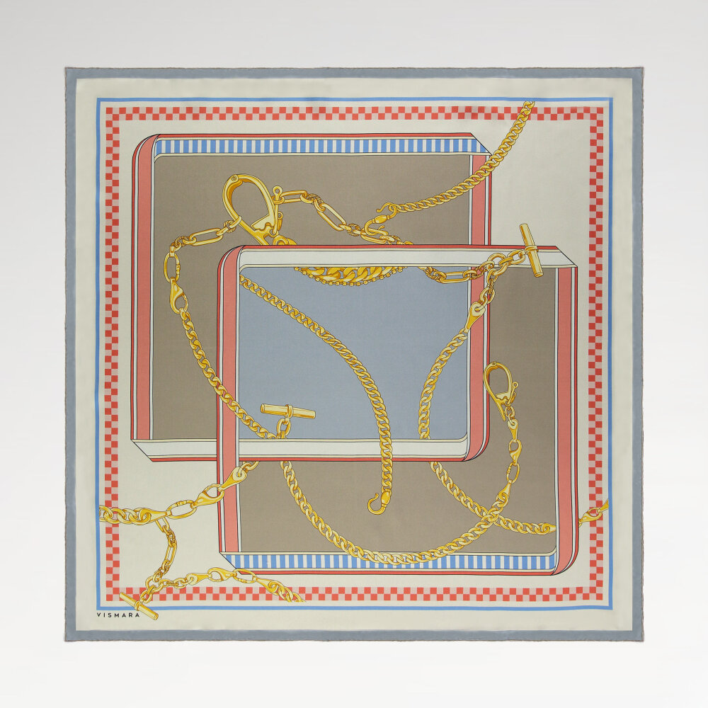Brown Blue Chain Dance Patterned Silk Square Scarf - 1