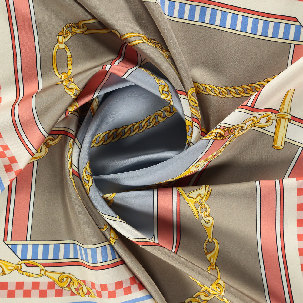 Brown Blue Chain Dance Patterned Silk Square Scarf - 2
