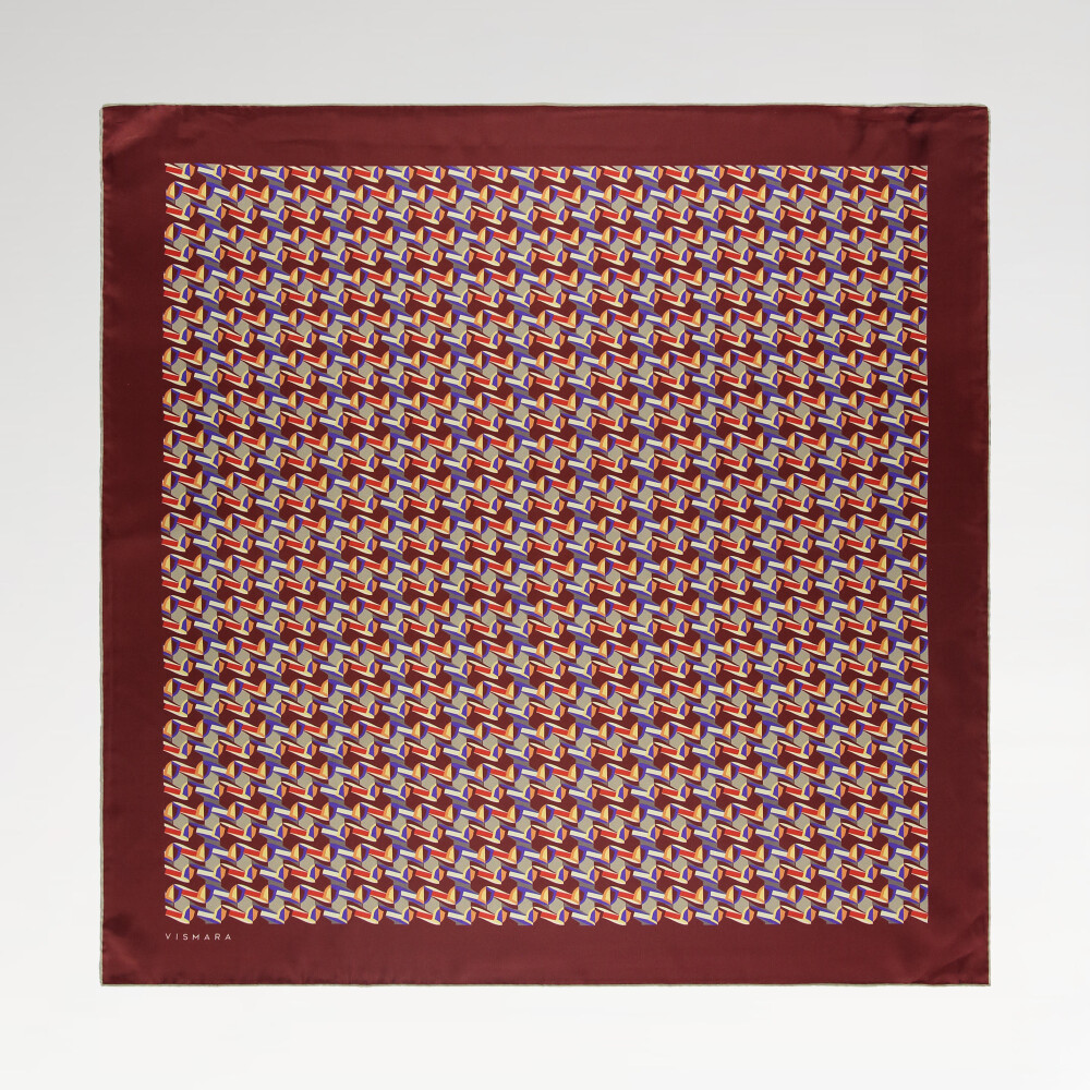 Burgundy Geometric Retro Pattern Twill Silk Square Scarf