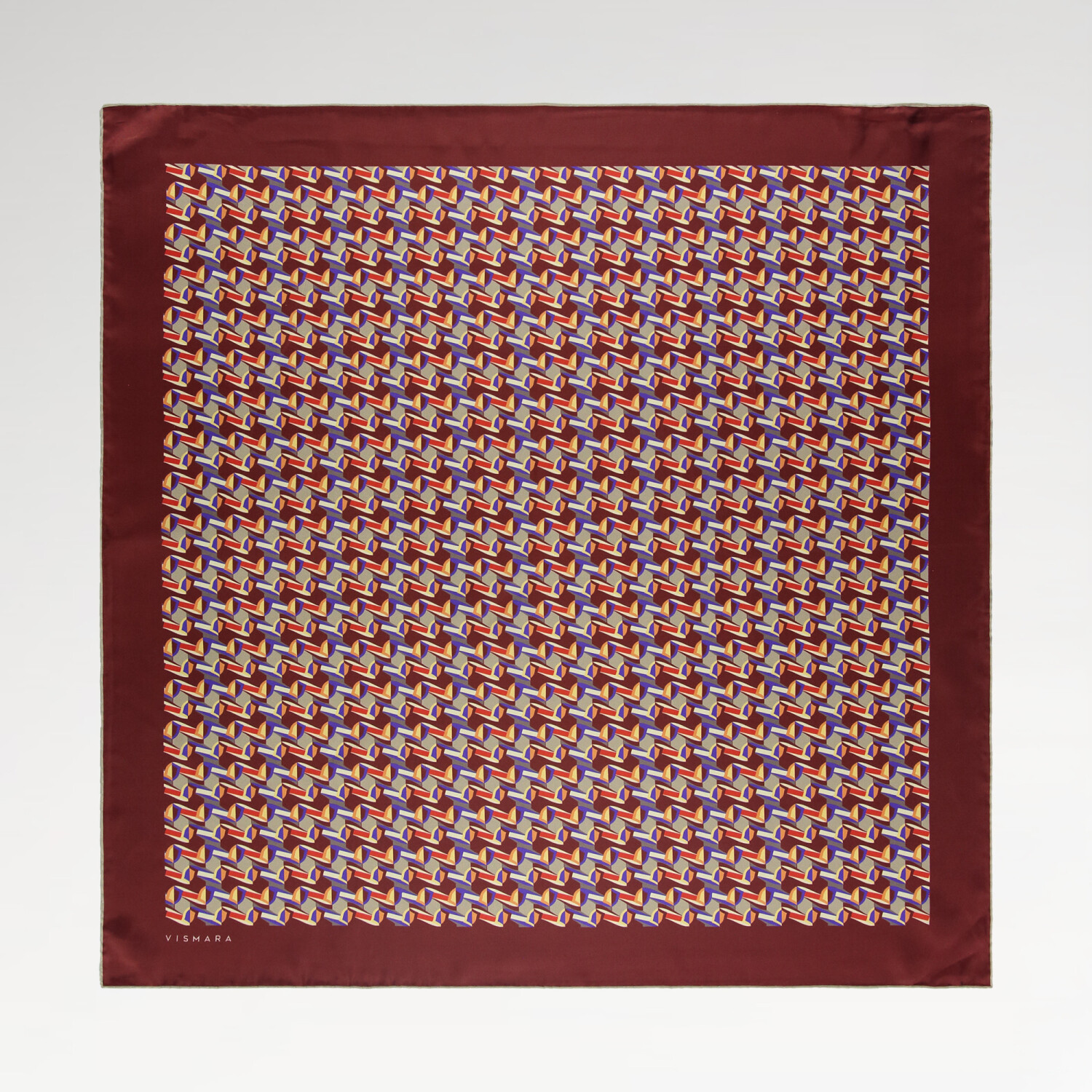 Burgundy Geometric Retro Pattern Twill Silk Square Scarf - 1