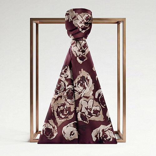 Burgundy Oil Painting Rose Patterned Silk Scarf - Vismara