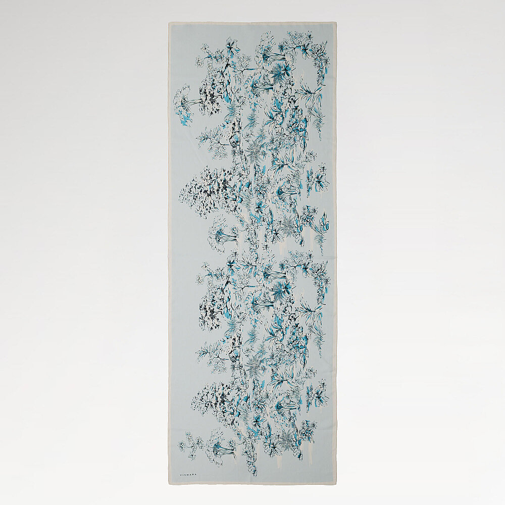Buz Mavisi Toile Bahçe Desenli İpek Şal - 2