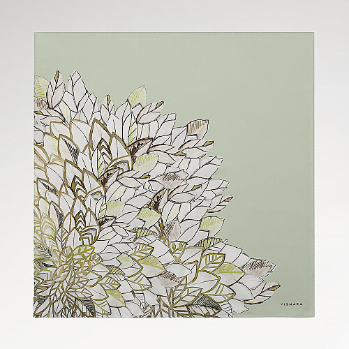 Çağla Yeşili Floral Yaprak Desenli Twill İpek Eşarp