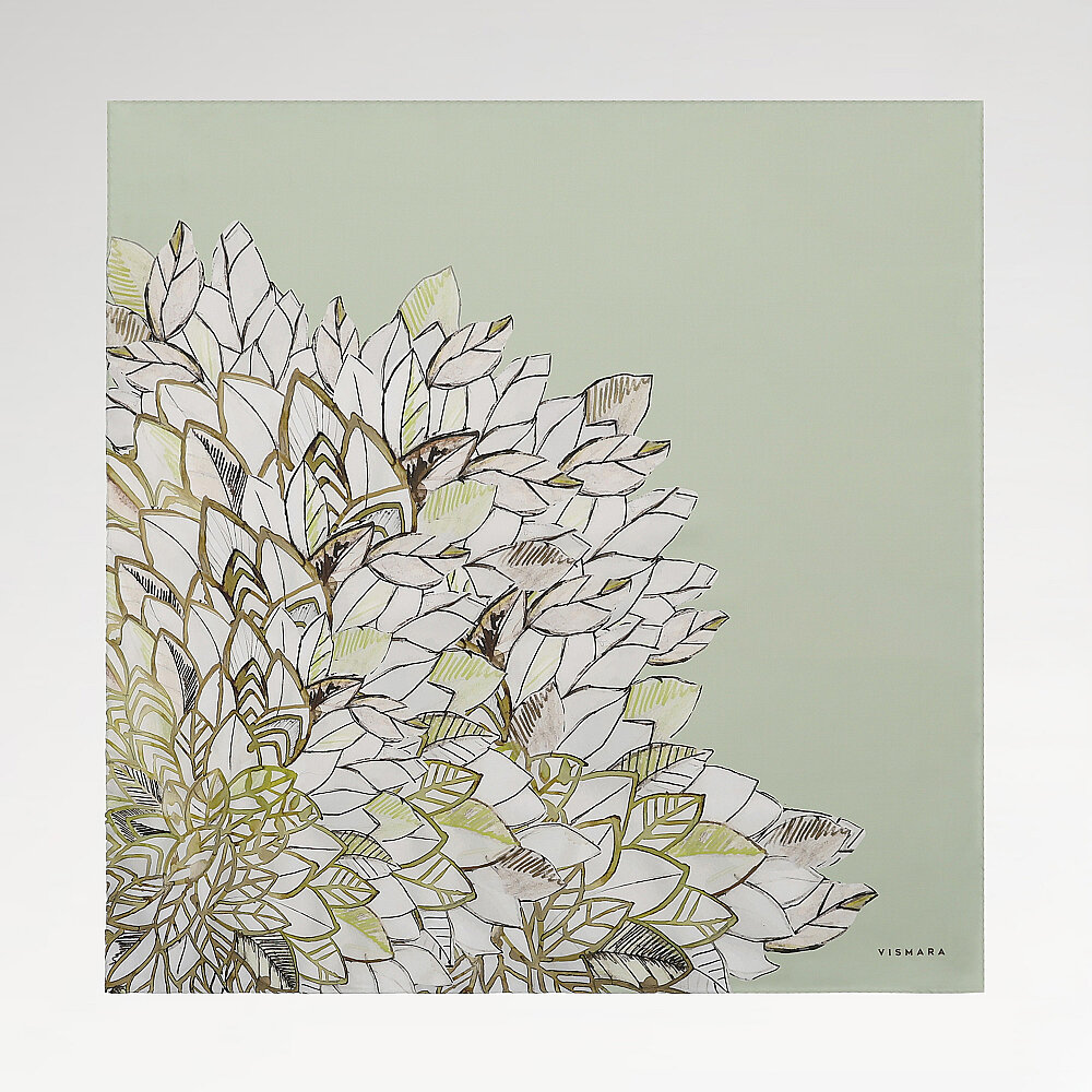 Çağla Yeşili Floral Yaprak Desenli Twill İpek Eşarp - 1