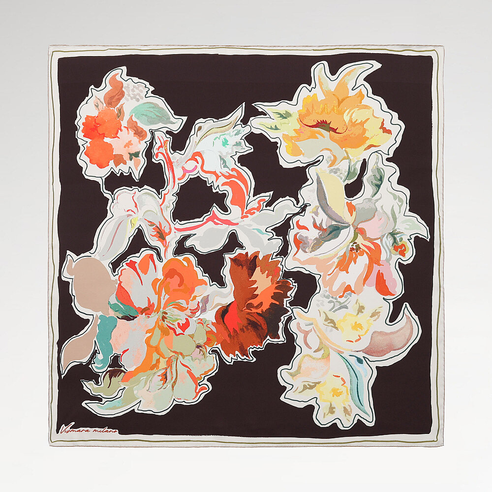 Coffee Abstract Flora Pattern Twill Silk Square Scarf - 1