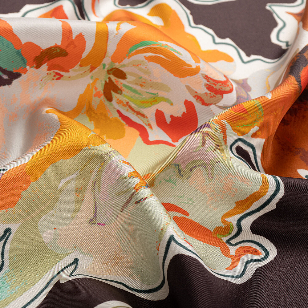 Coffee Abstract Flora Pattern Twill Silk Square Scarf - 2