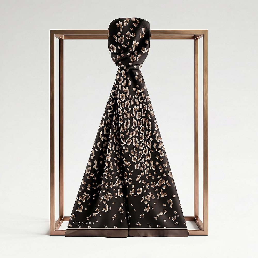 Coffee Abstract Leopard Print Silk Scarf - 1