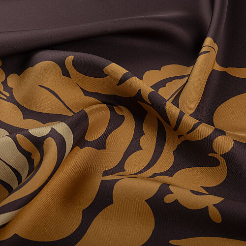 Coffee Baroque Floral Patterned Silk Scarf - Vismara
