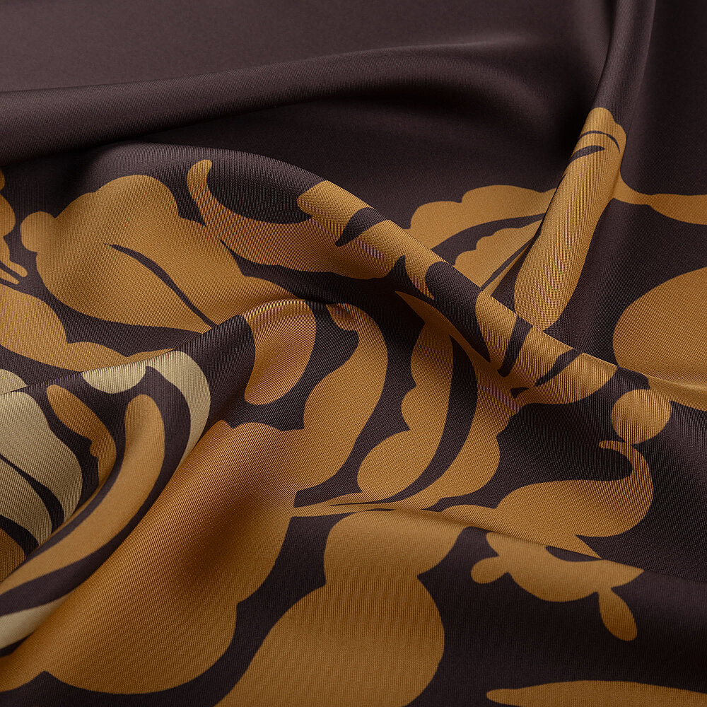 Coffee Baroque Floral Patterned Silk Scarf - 3