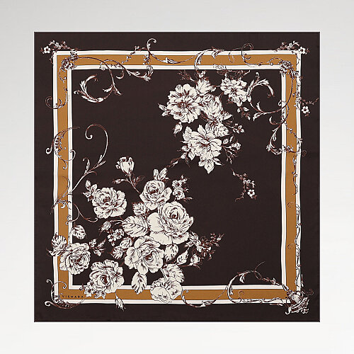 Coffee Baroque Rose Patterned Twill Silk Square Scarf