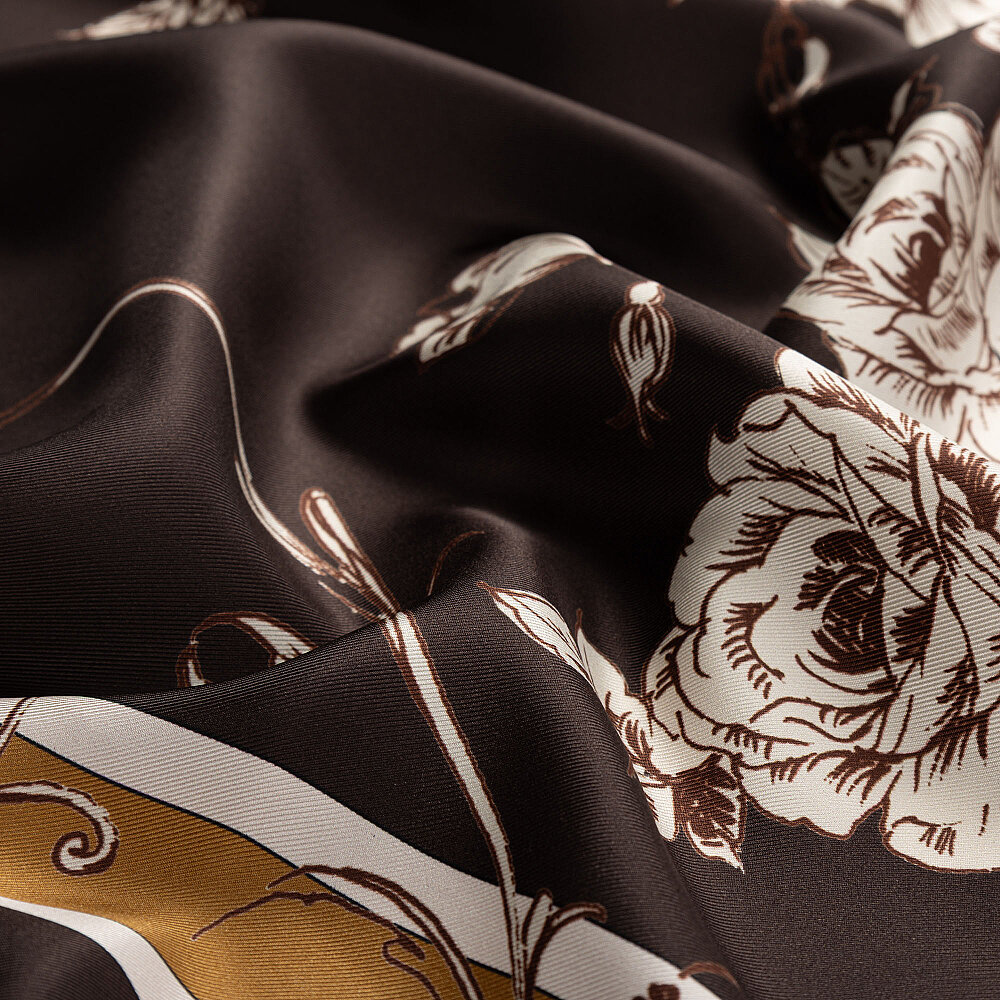 Coffee Baroque Rose Patterned Twill Silk Square Scarf - 2