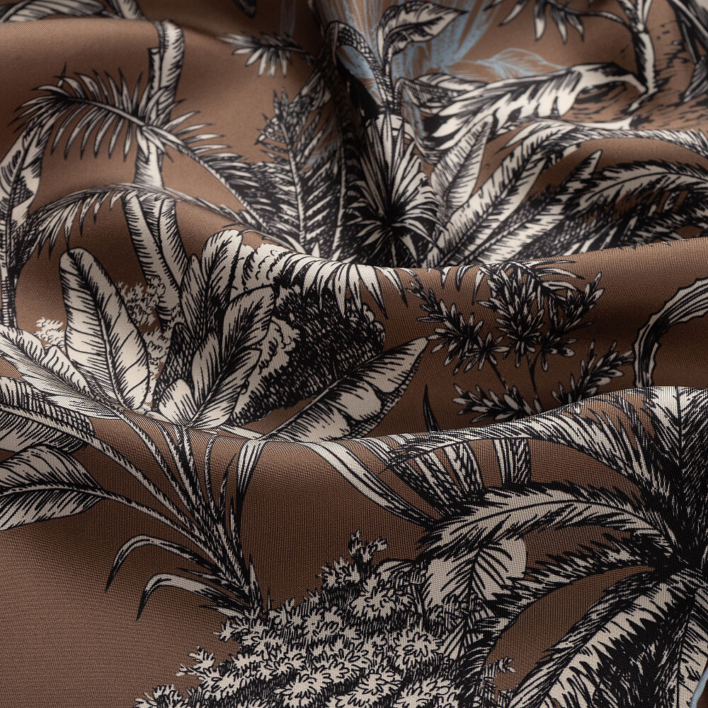 Coffee Exotic Oasis Patterned Twill Silk Square Scarf - 2