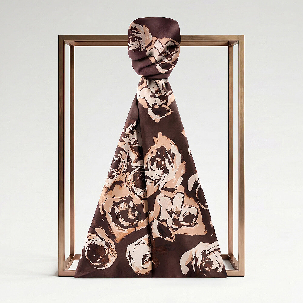 Coffee Oil Painting Rose Patterned Silk Scarf - 1