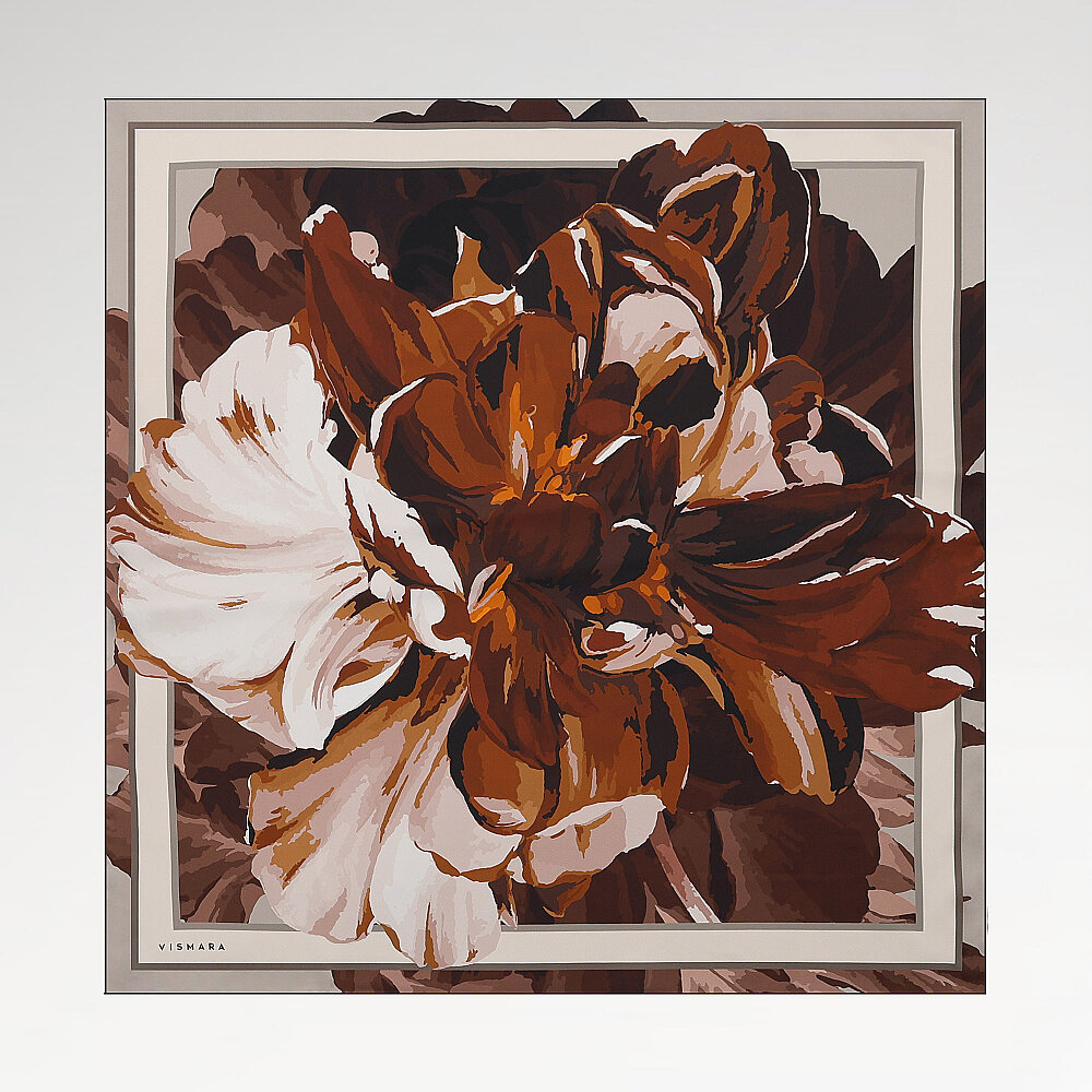 Coffee Peony Flower Patterned Twill Silk Square Scarf - 1