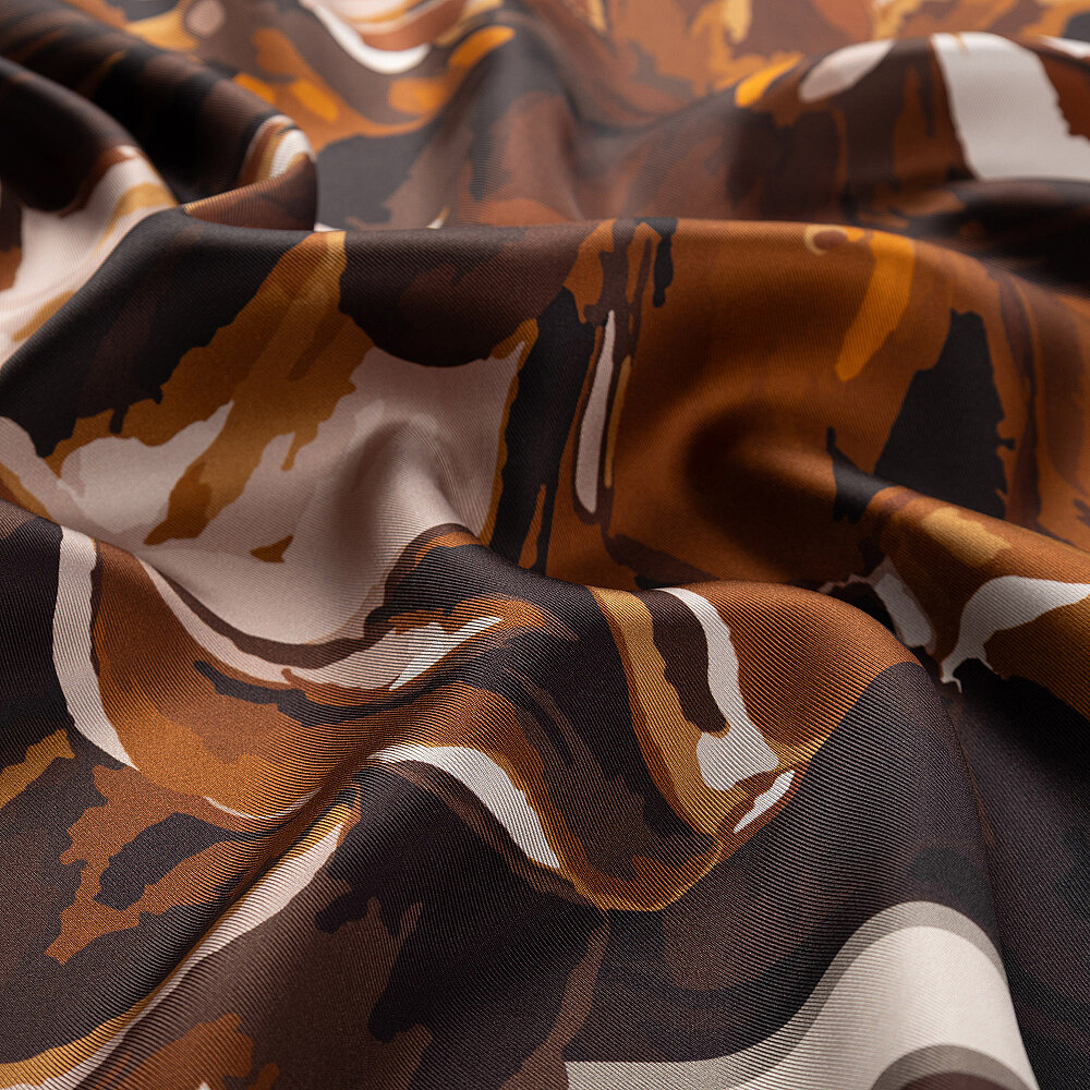 Coffee Peony Flower Patterned Twill Silk Square Scarf - 2