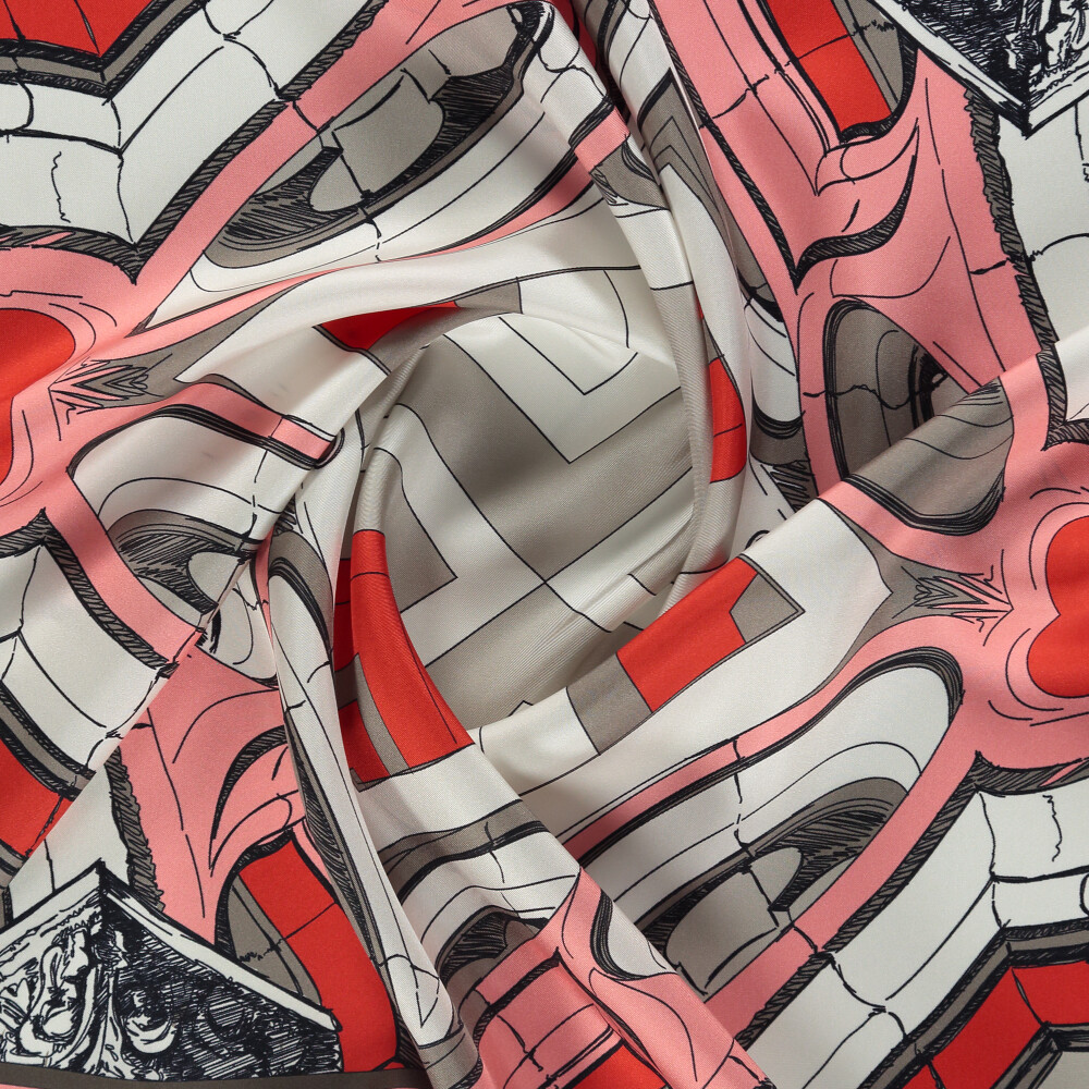 Coral Linear Columns Patterned Twill Silk Square Scarf - Vismara