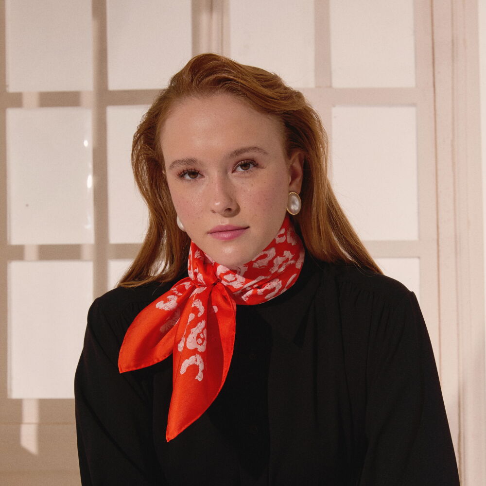 Coral Modern Leopard Texture Patterned Twill Silk Square Scarf - Vismara