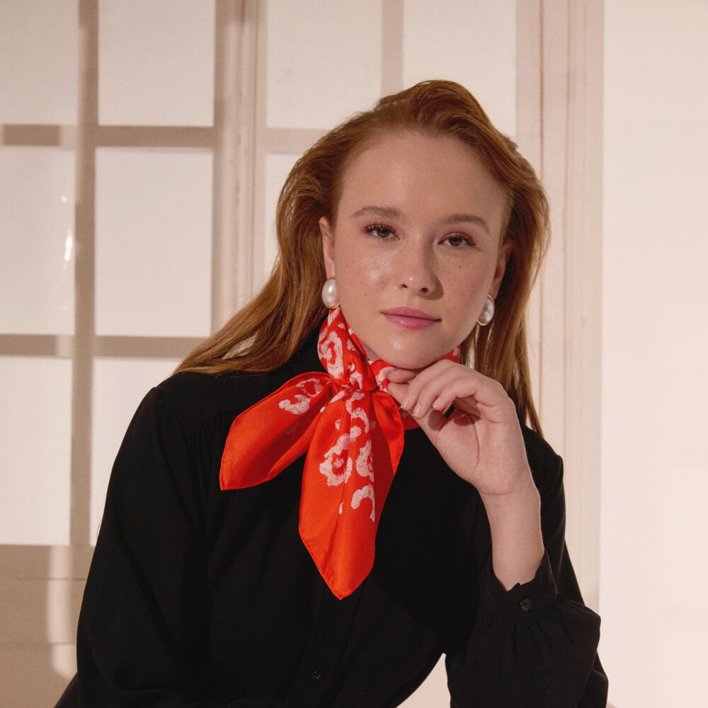 Coral Modern Leopard Texture Patterned Twill Silk Square Scarf - Vismara