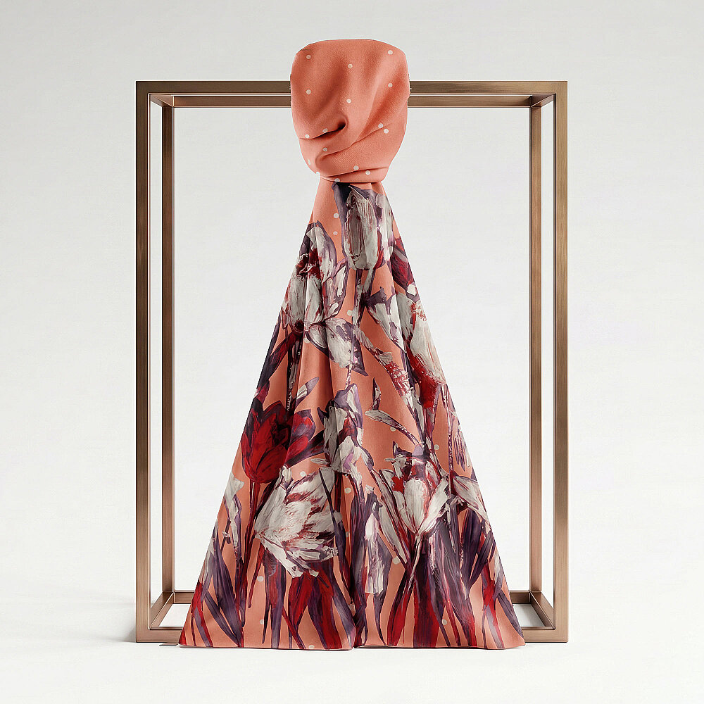 Coral Polka Dot Tulip Garden Pattern Silk Scarf - 1