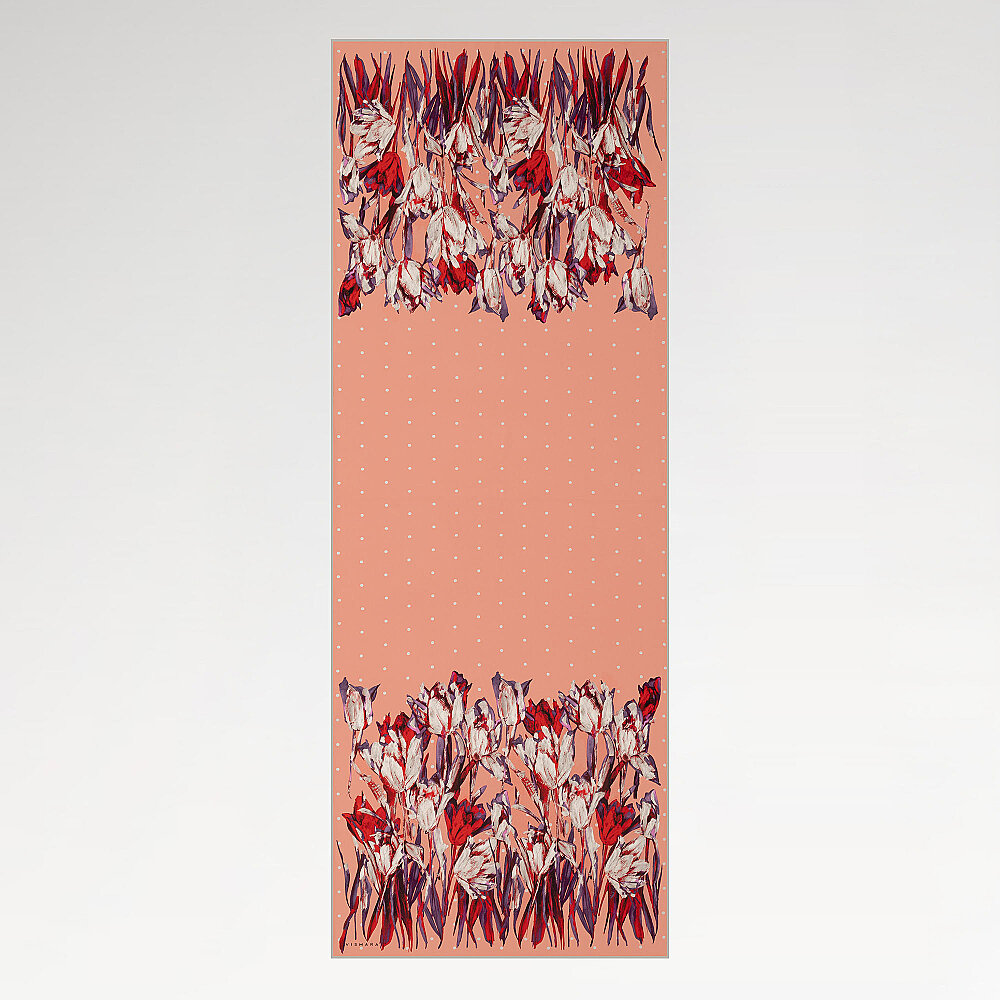 Coral Polka Dot Tulip Garden Pattern Silk Scarf - 2