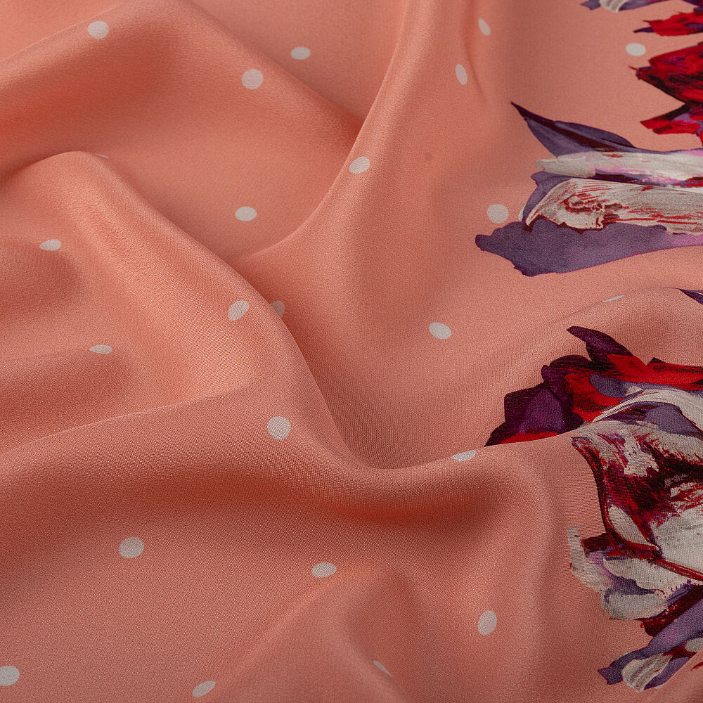 Coral Polka Dot Tulip Garden Pattern Silk Scarf - 3