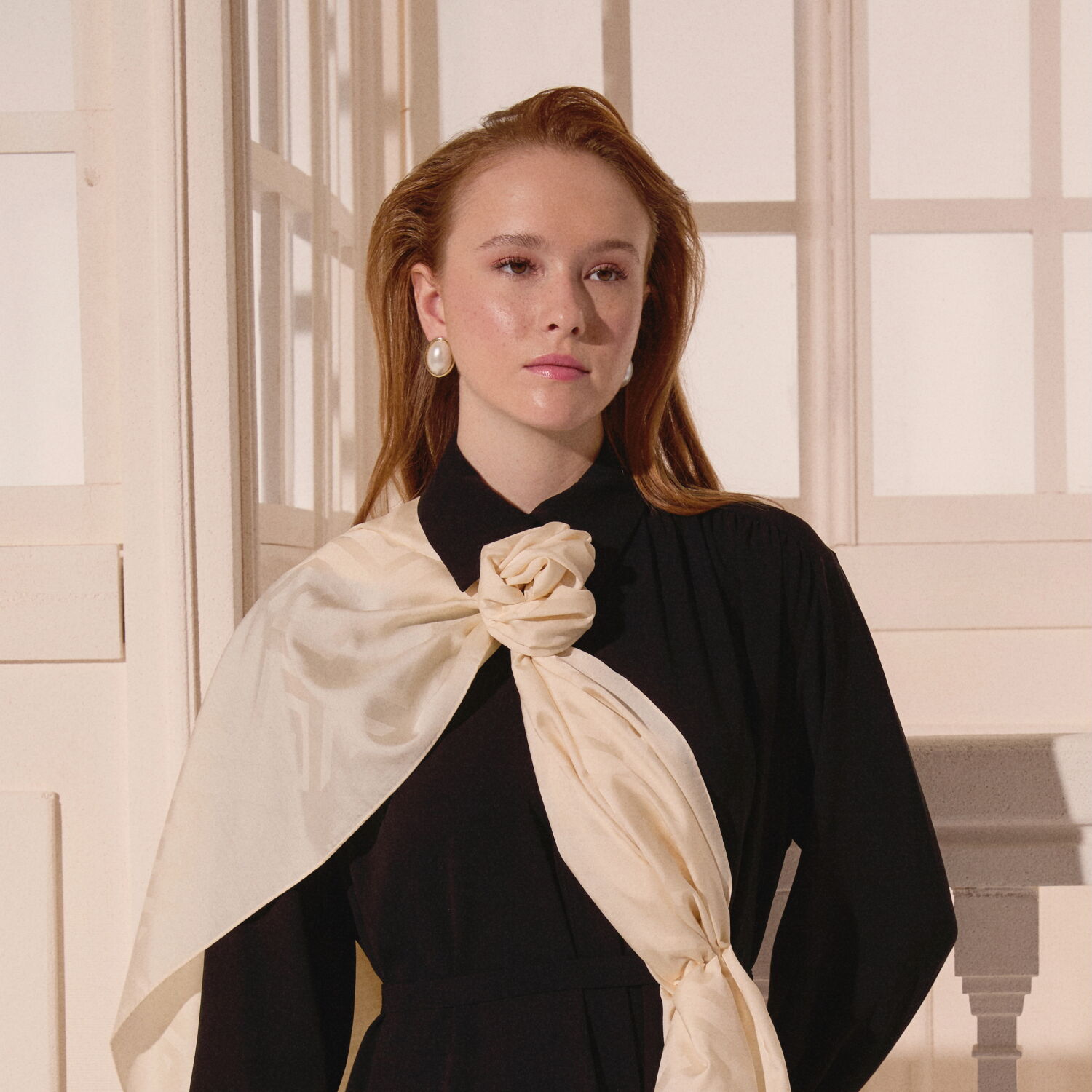 Cream G Pattern Jacquard Wool Silk Scarf - 6