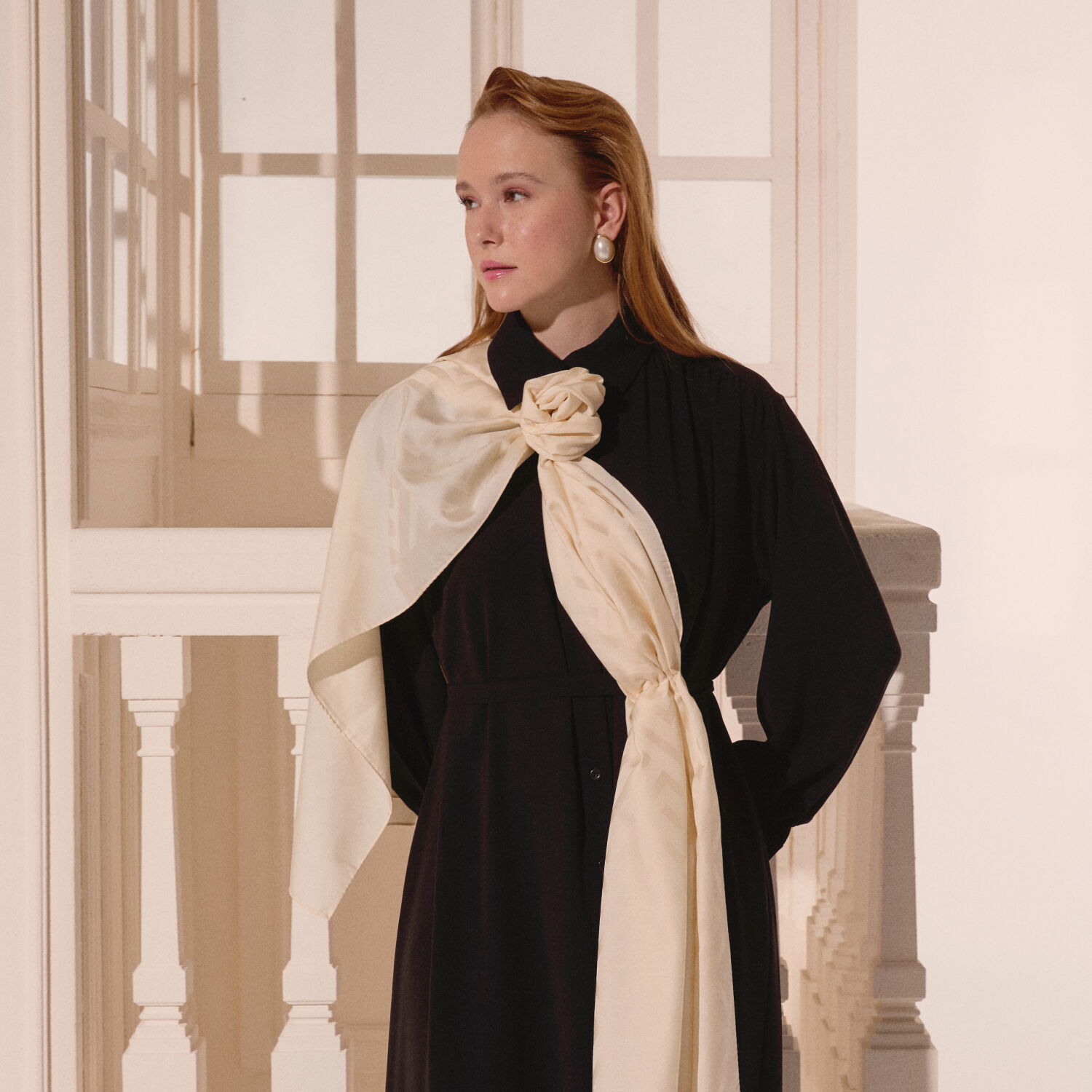 Cream G Pattern Jacquard Wool Silk Scarf - 7