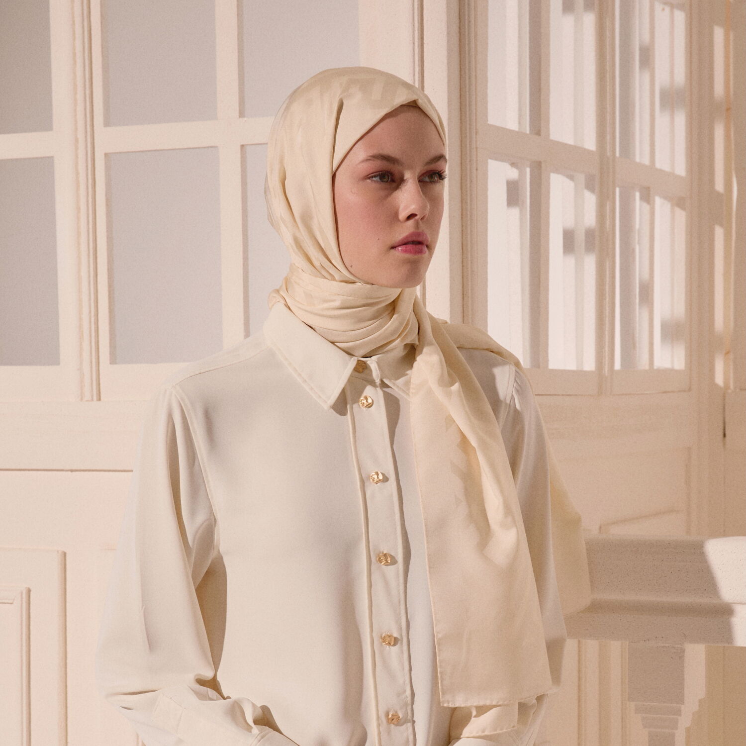 Cream G Pattern Jacquard Wool Silk Scarf - 3