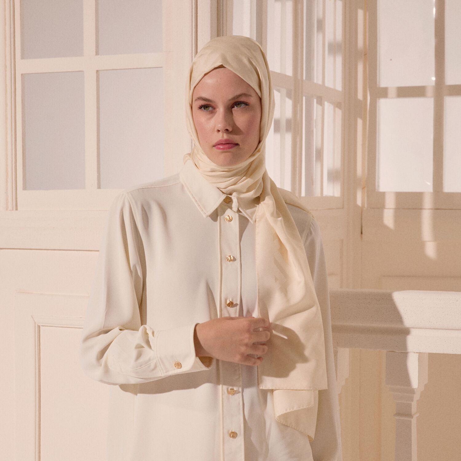 Cream G Pattern Jacquard Wool Silk Scarf - 4