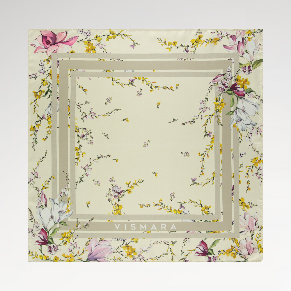 Cream Garden Harmony Pattern Twill Silk Square Scarf