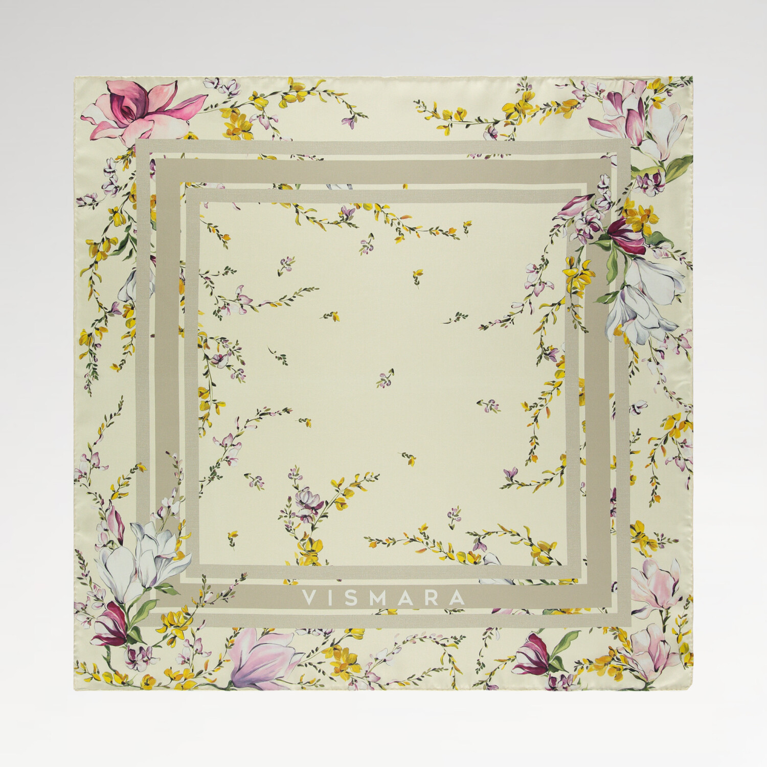 Cream Garden Harmony Pattern Twill Silk Square Scarf - 1