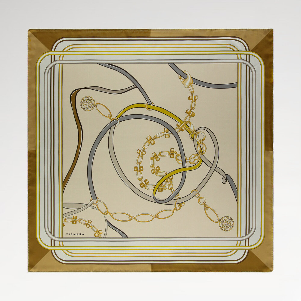 Cream Monogrammed and Chain Patterned Silk Square Scarf - 1