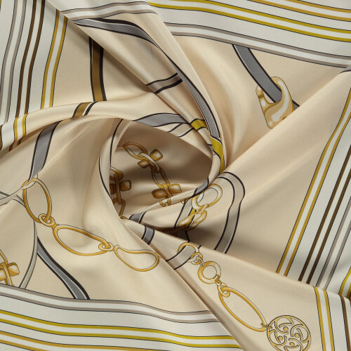 Cream Monogrammed and Chain Patterned Silk Square Scarf - Vismara