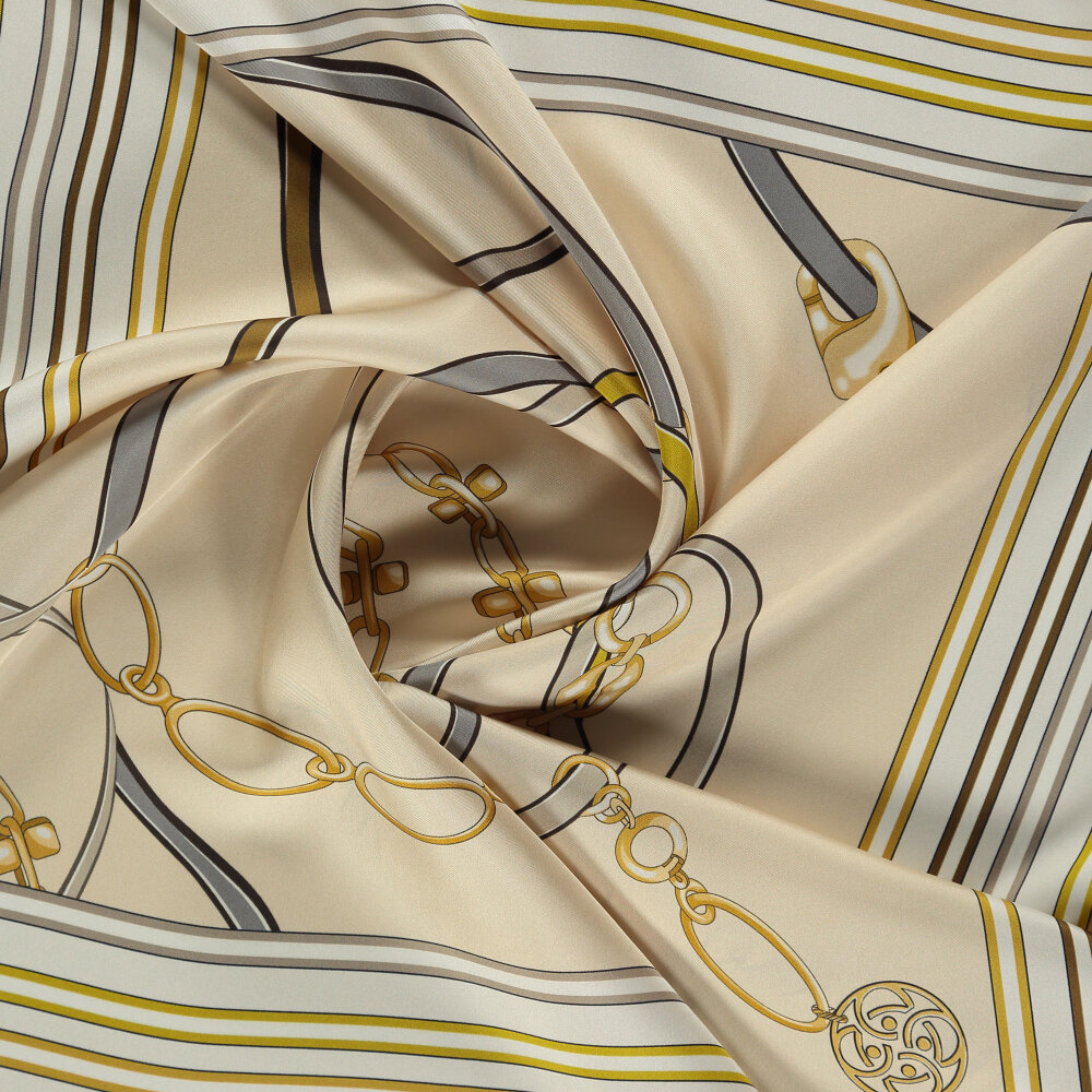 Cream Monogrammed and Chain Patterned Silk Square Scarf - 2