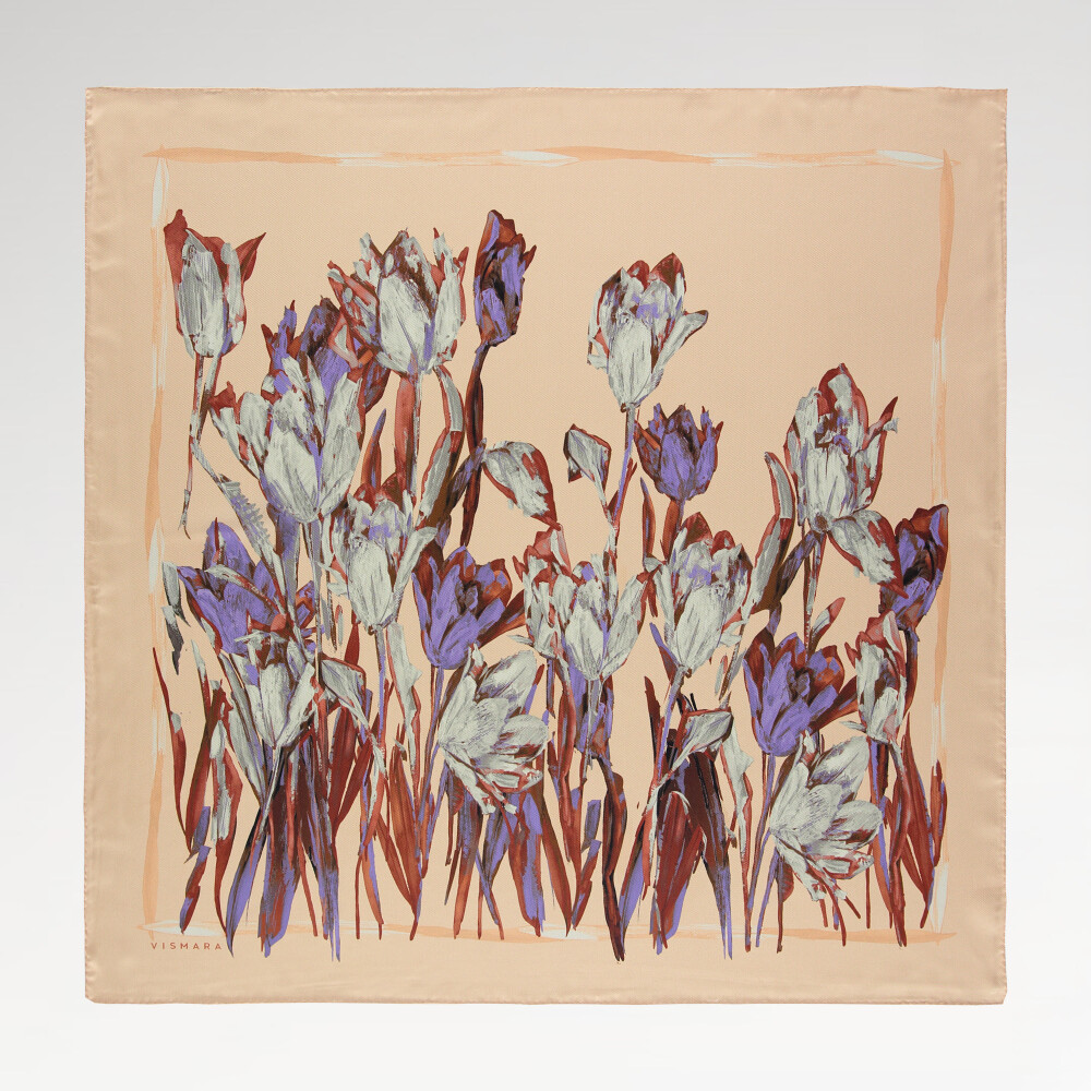 Cream Tulip Garden Pattern Twill Silk Square Scarf