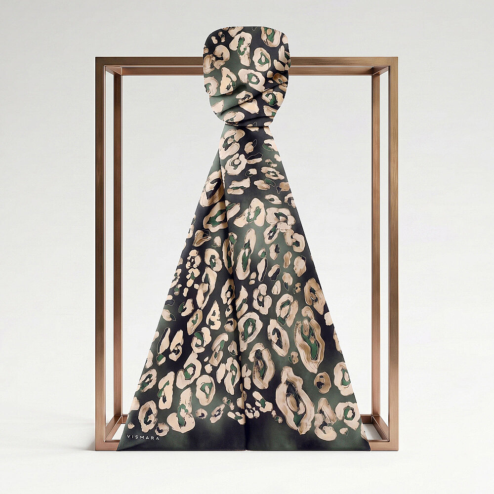 Dark Green Classic Panther Pattern Silk Scarf - 1