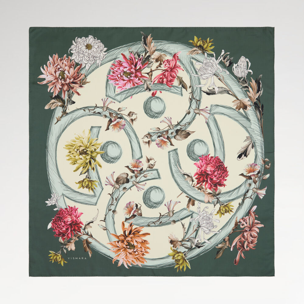 Dark Green Flower Magic Patterned Twill Silk Square Scarf