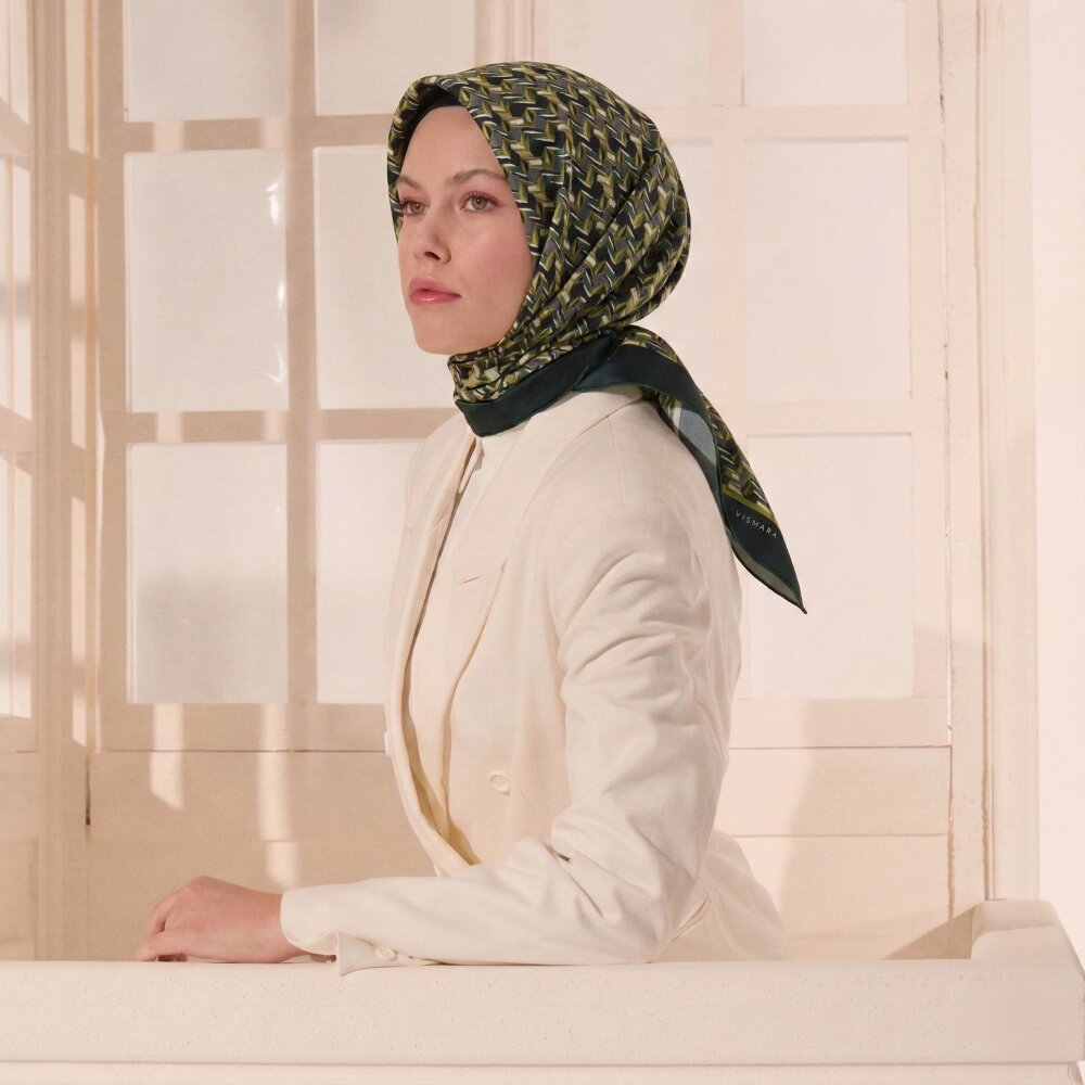 Dark Green Geometric Retro Pattern Twill Silk Square Scarf - 3