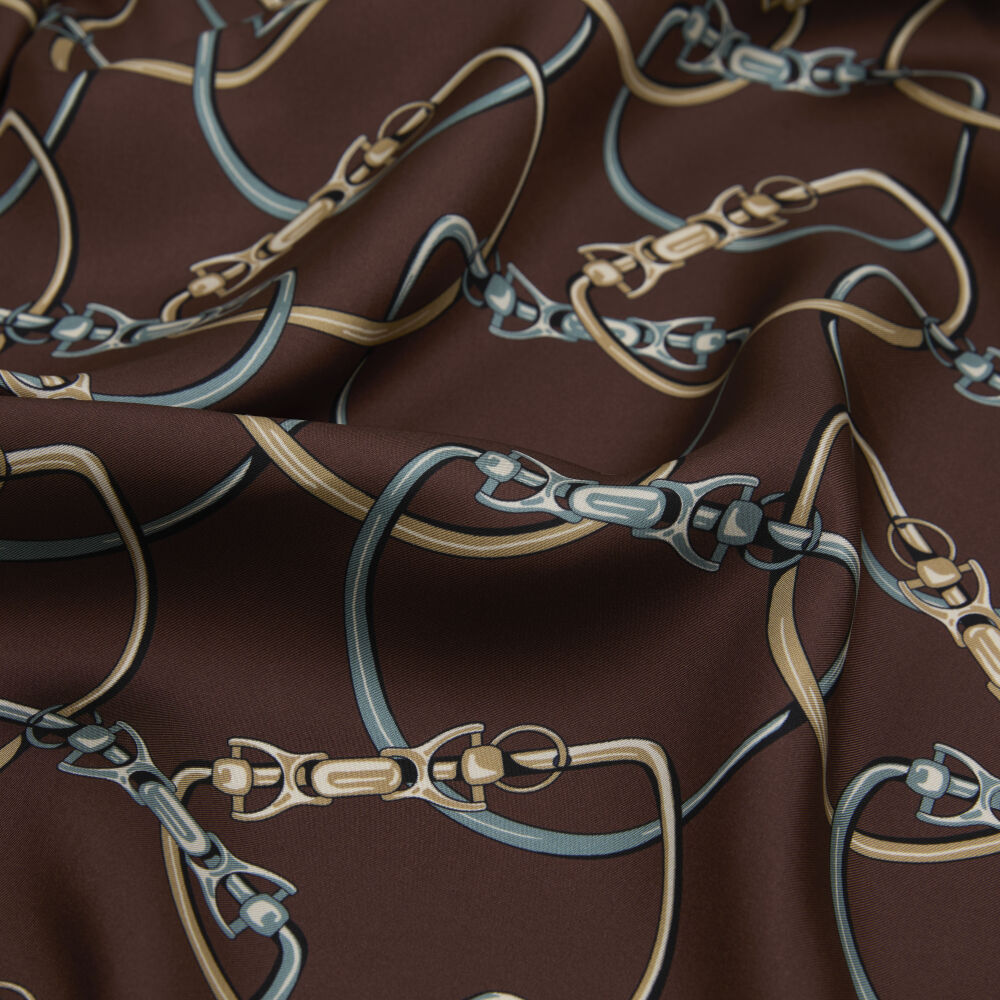 Dark Tan Chain Pattern Twill Silk Square Scarf - Vismara