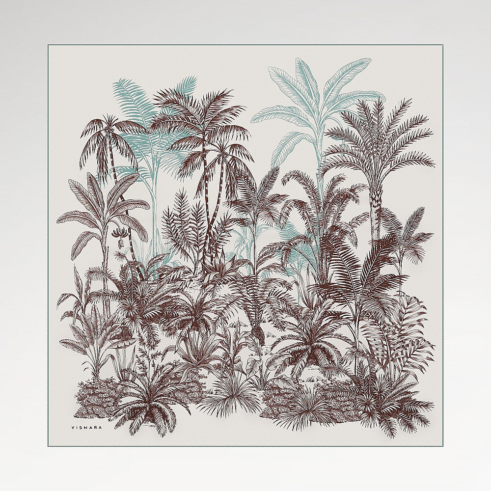 Ecru Exotic Oasis Patterned Twill Silk Square Scarf - 1