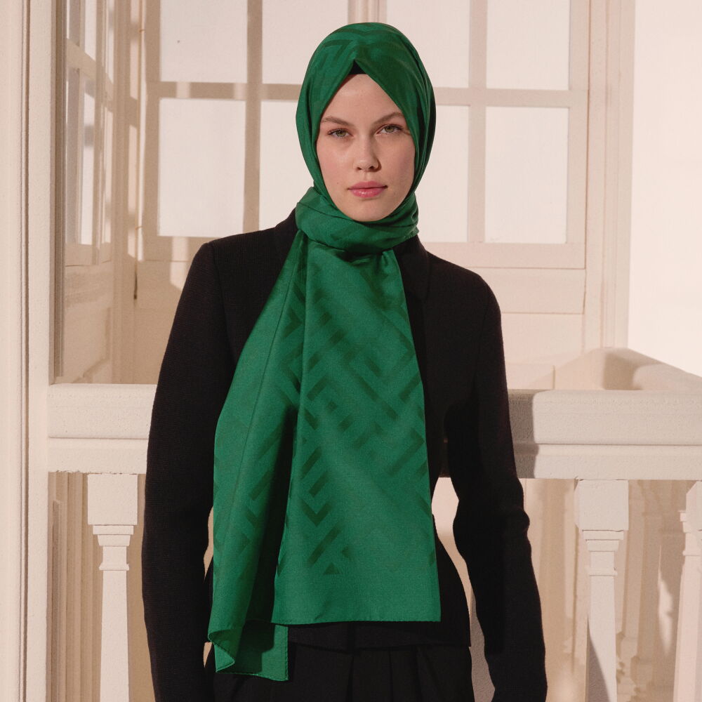 Emerald Green G Pattern Jacquard Wool Silk Scarf - Vismara