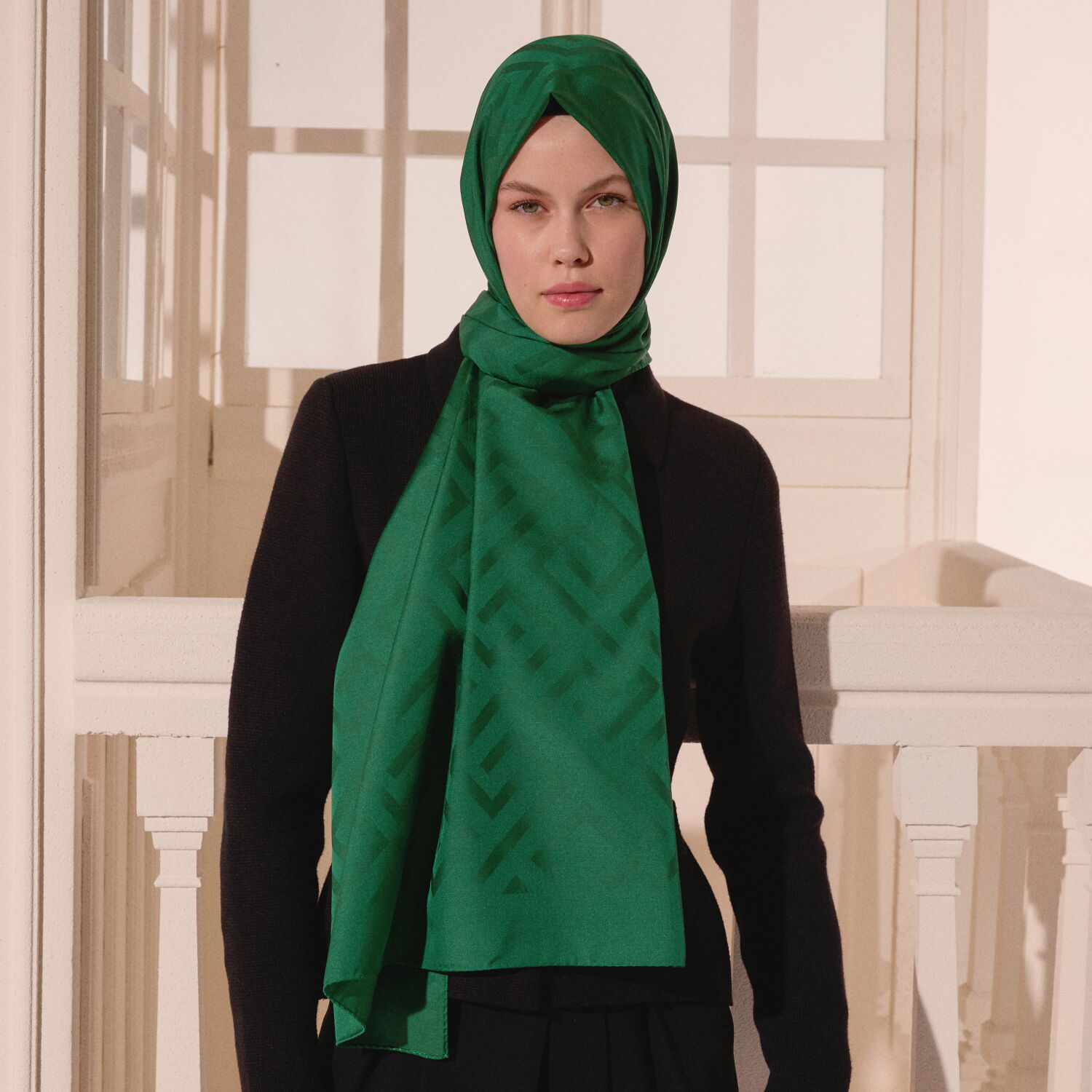 Emerald Green G Pattern Jacquard Wool Silk Scarf - 3