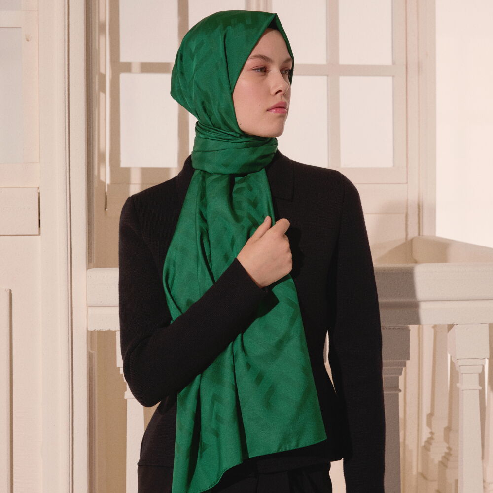 Emerald Green G Pattern Jacquard Wool Silk Scarf - Vismara