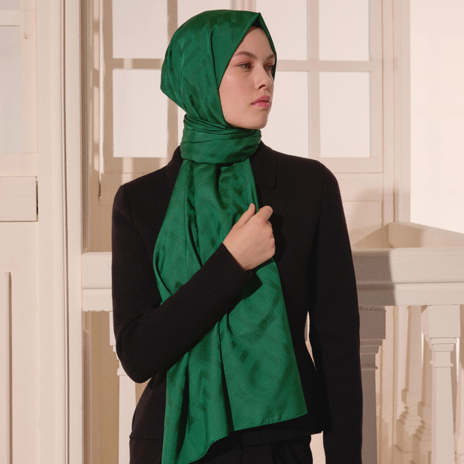Emerald Green G Pattern Jacquard Wool Silk Scarf - 5
