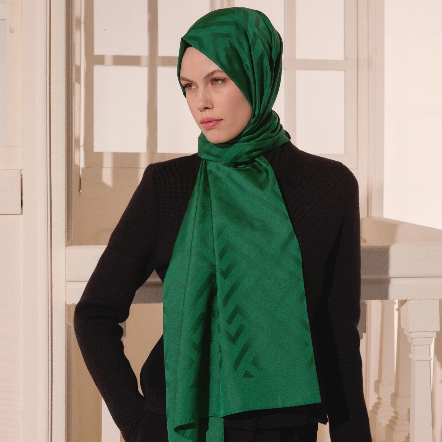 Emerald Green G Pattern Jacquard Wool Silk Scarf - 4
