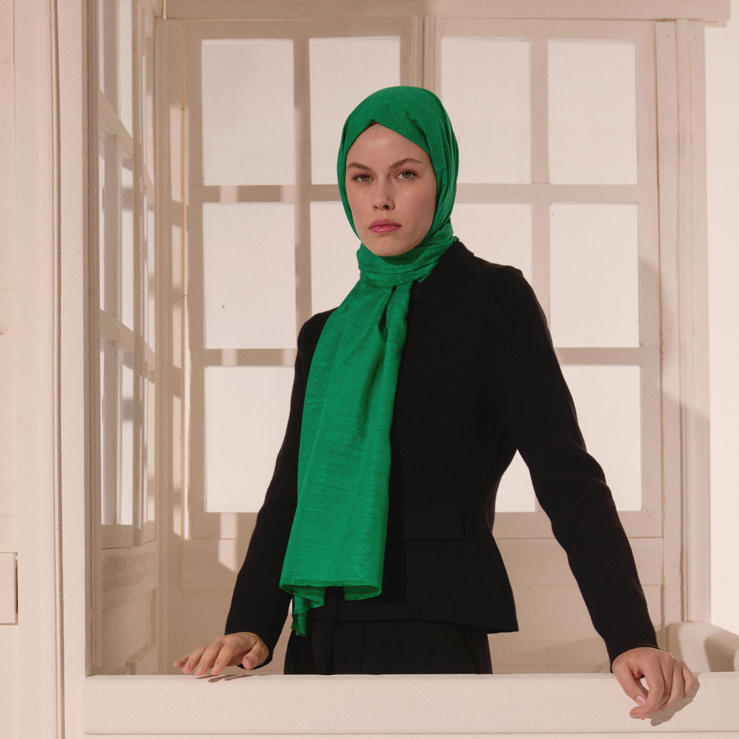 Emerald Green Monogram Pattern V Jacquard Cotton Silk Scarf - 3